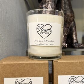 Lime, Basil & Mandarin Candle on display.