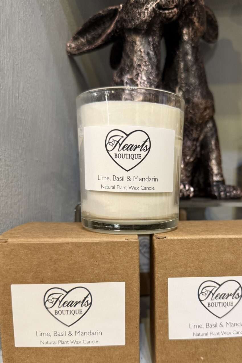Lime, Basil & Mandarin Candle on display.
