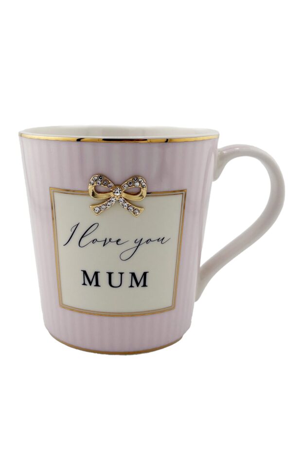Pink striped mug with gold bow and rim, front of mug reads I love you mum.