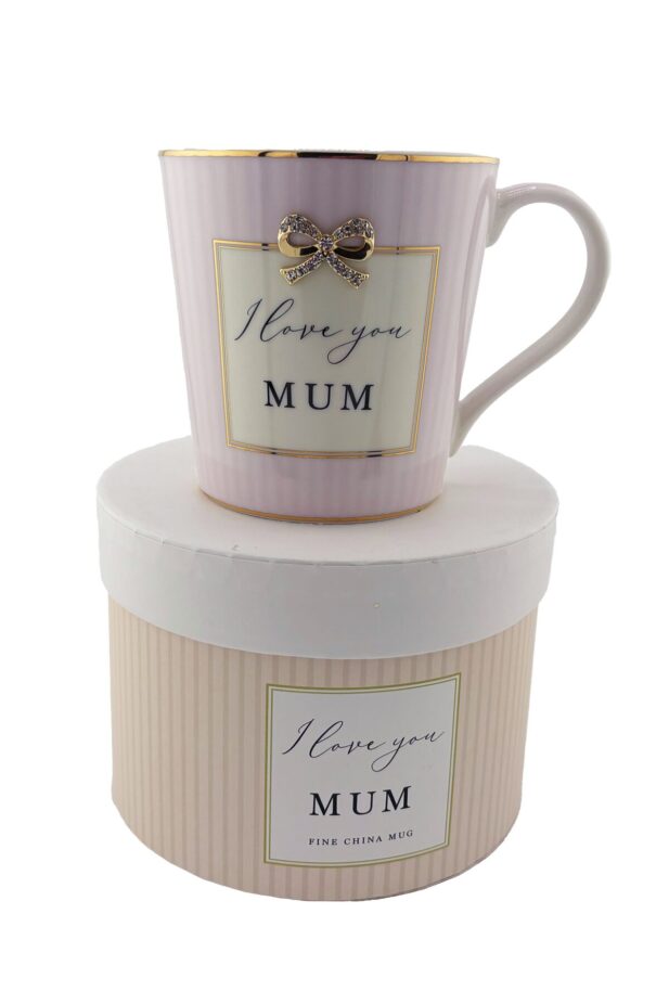 Pink striped mug with gold accents reads I love you mum. Placed onto of display box.