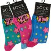 Three pairs of socks, one teal, one pink and one blue. Each reads "Super Mum" and is adorned with colourful stars.
