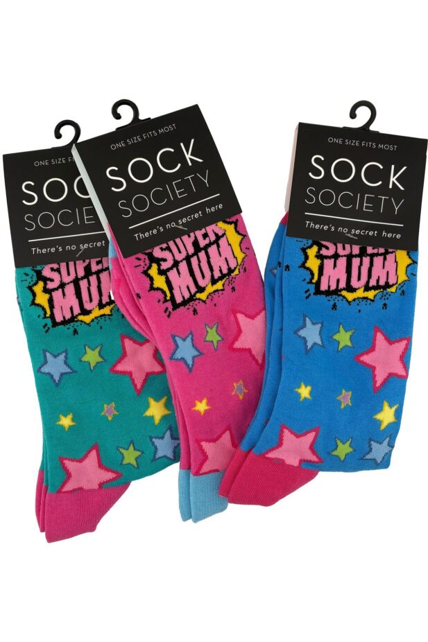Three pairs of socks, one teal, one pink and one blue. Each reads "Super Mum" and is adorned with colourful stars.