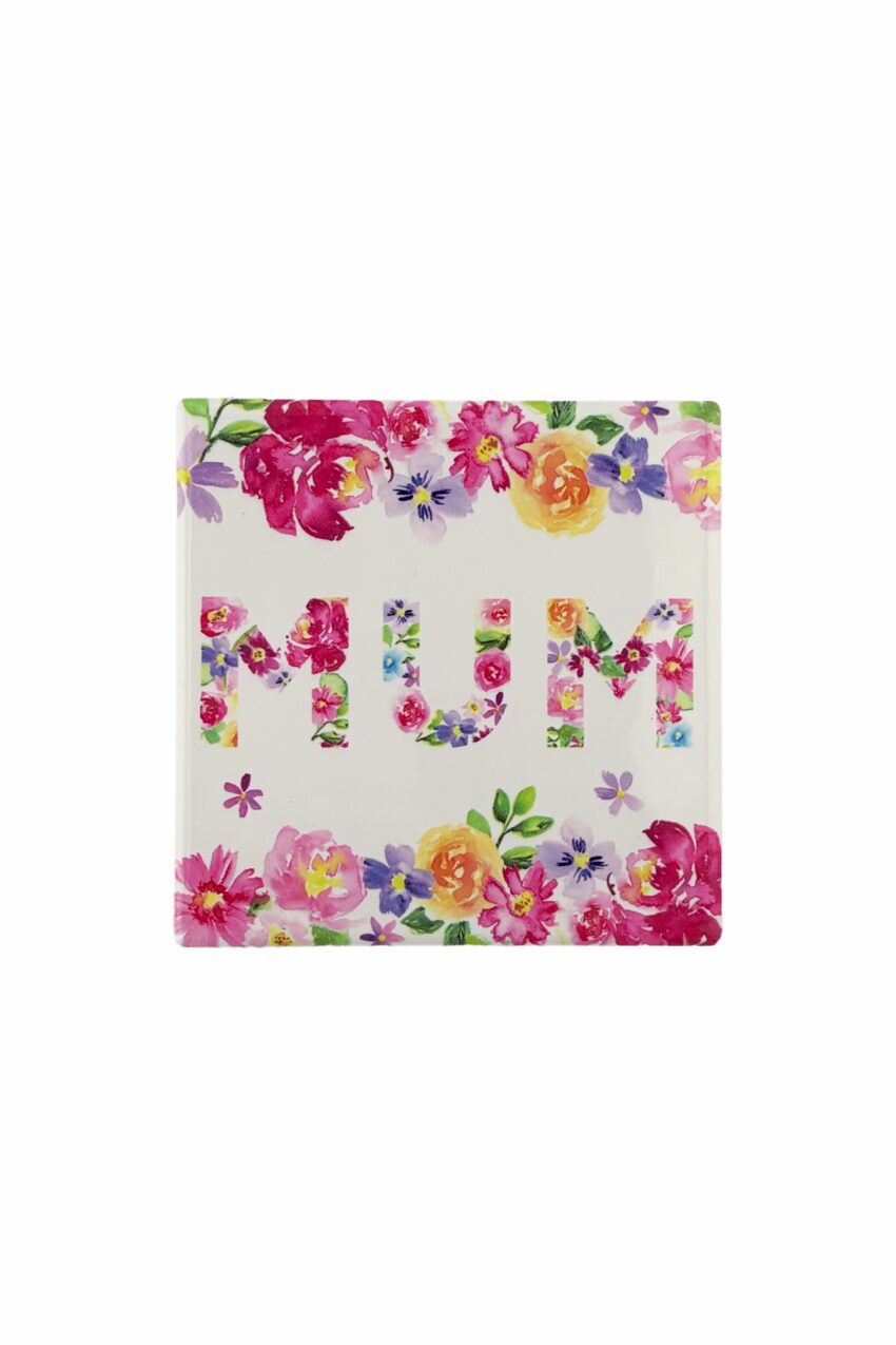 Image of ceramic coaster with Mum design written in flowers.