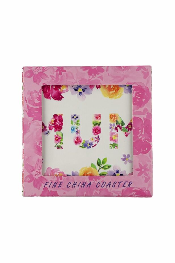 Image of ceramic coaster with Mum design written in flowers. In pink cardboard packaging.