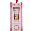 Pink floral hand cream, reads Mum in floral design alongside round container of lip balm.