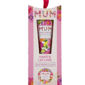 Pink floral hand cream, reads Mum in floral design alongside round container of lip balm.