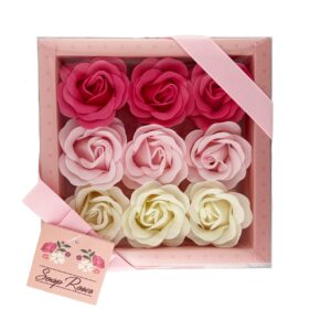 Beautifully packaged flowers made of soap. Three rows, one red, one pink and one cream packaged in a pink box with ribbon.