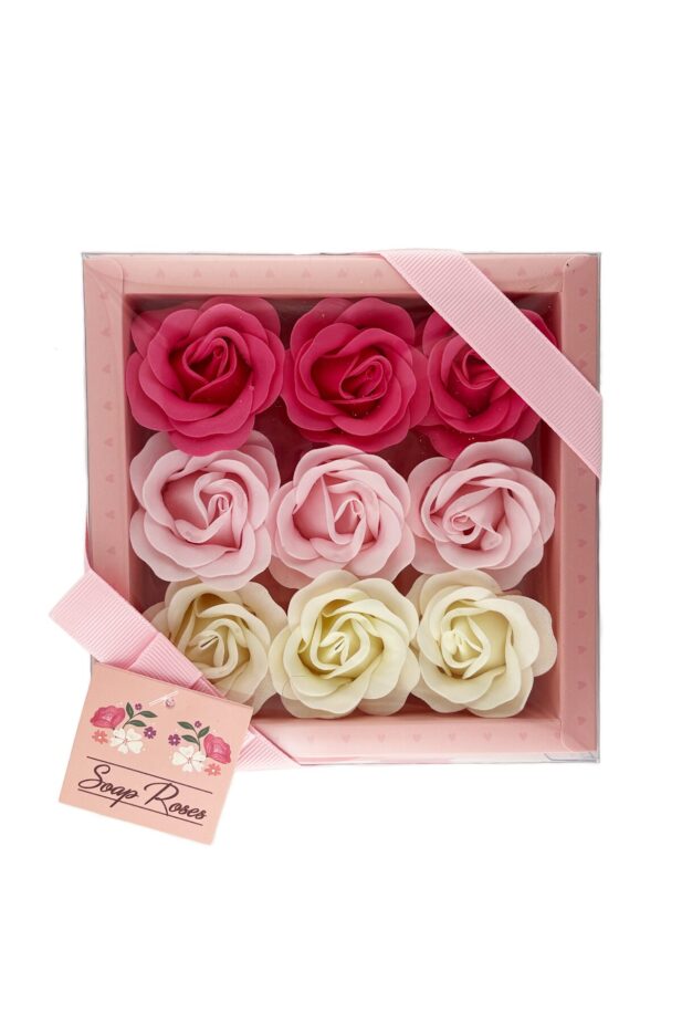 Beautifully packaged flowers made of soap. Three rows, one red, one pink and one cream packaged in a pink box with ribbon.