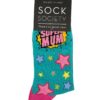One pair of teal socks. Design on sock reads "Super Mum" and is adorned with colourful stars.
