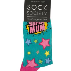One pair of teal socks. Design on sock reads "Super Mum" and is adorned with colourful stars.