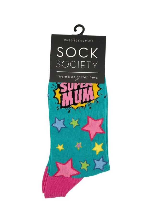 One pair of teal socks. Design on sock reads "Super Mum" and is adorned with colourful stars.