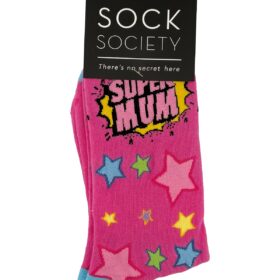 One pair of pink socks. Design on sock reads "Super Mum" and is adorned with colourful stars.