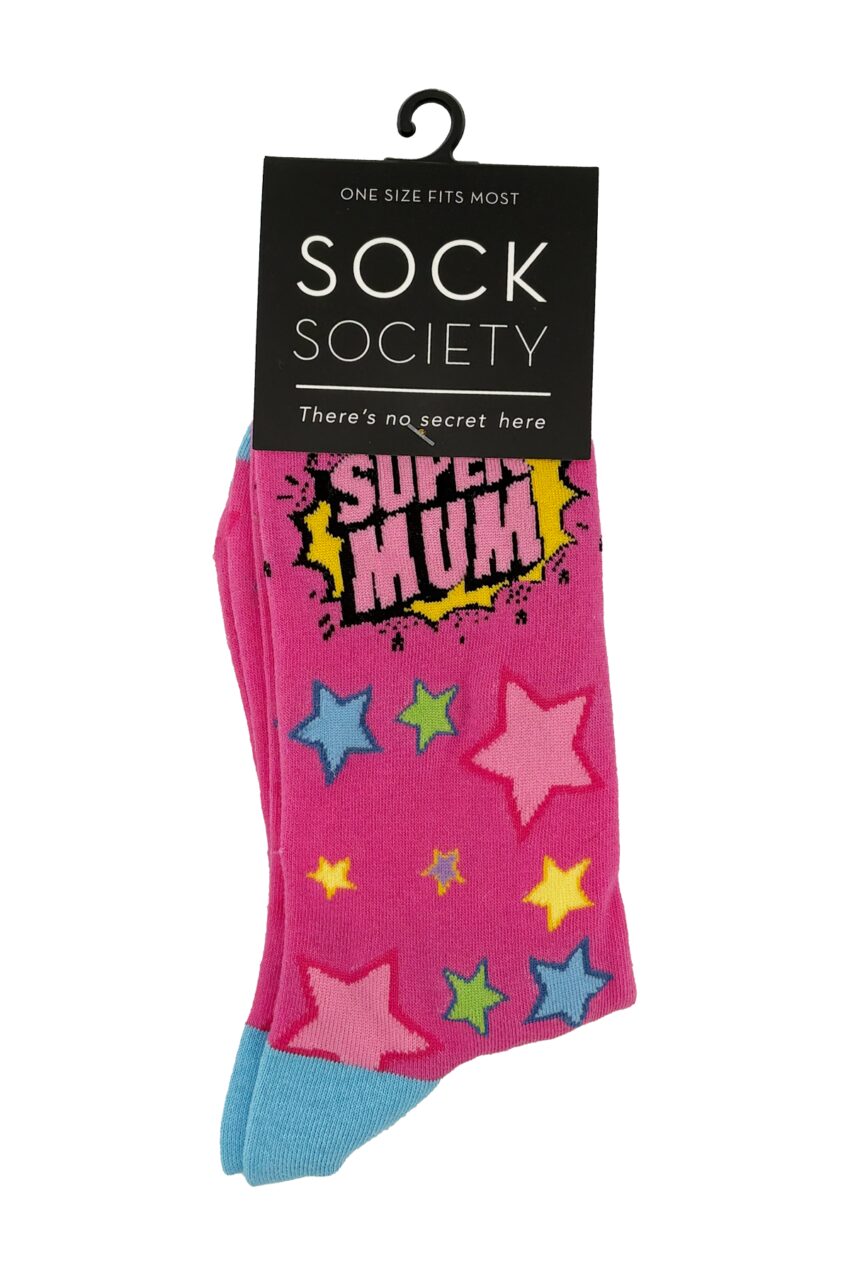 One pair of pink socks. Design on sock reads "Super Mum" and is adorned with colourful stars.