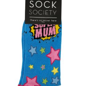 One pair of blue socks. Design on sock reads "Super Mum" and is adorned with colourful stars.