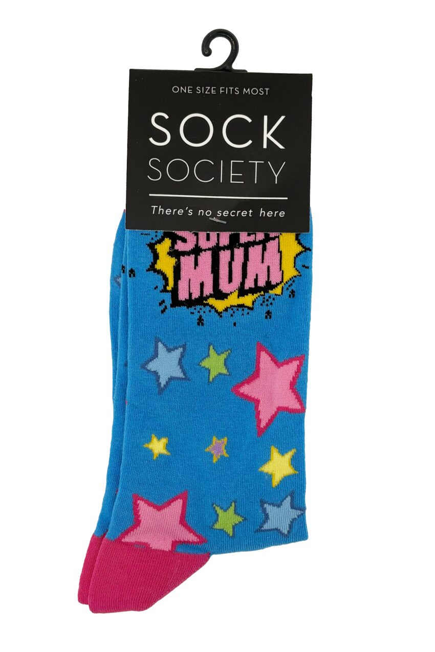 One pair of blue socks. Design on sock reads "Super Mum" and is adorned with colourful stars.