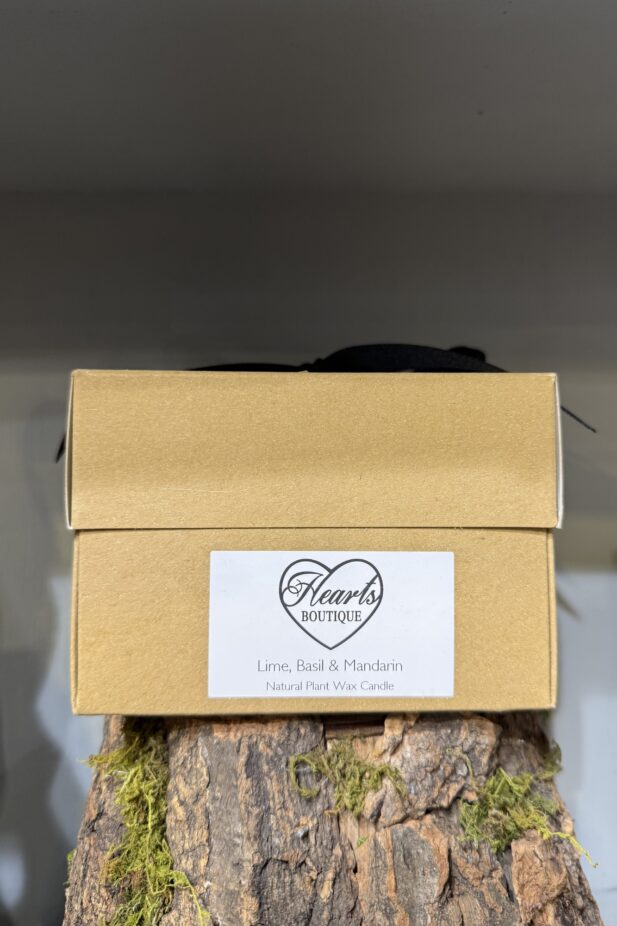Our Lime Basil & Mandarin Candle in its packaging on display on a rustic log.